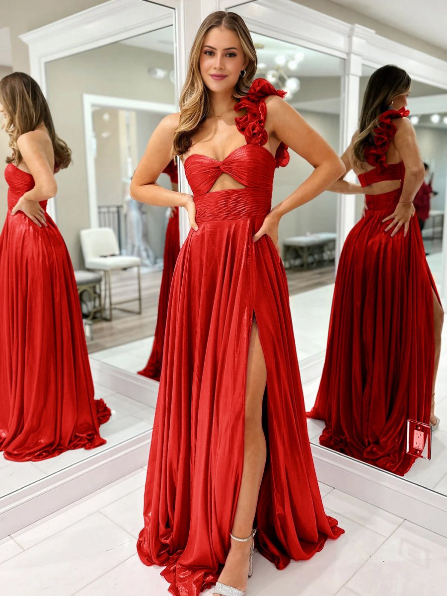 A-line One Shoulder Keyhole Pleated Metallic Prom Dresses with Slit