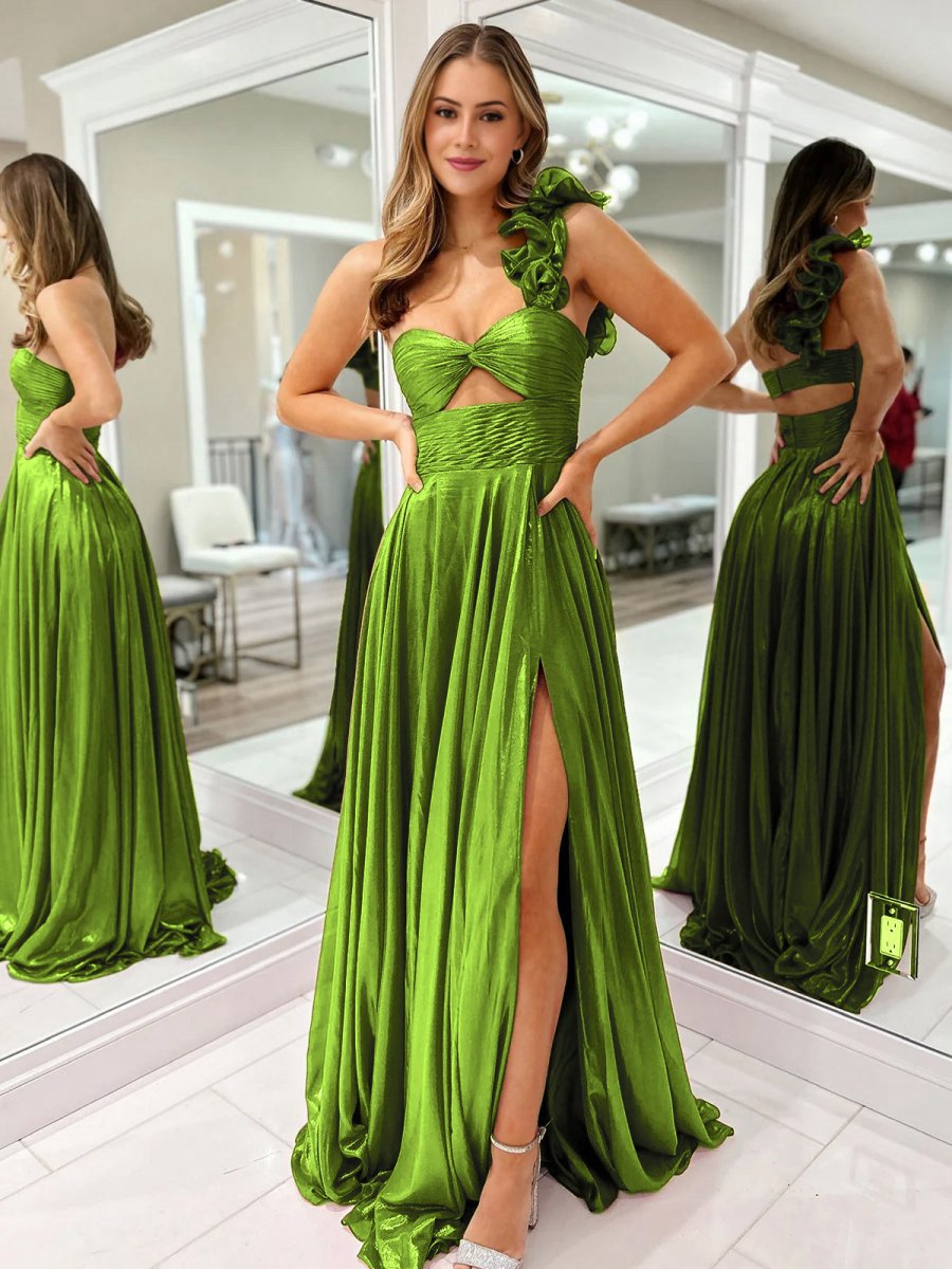 A-line One Shoulder Keyhole Pleated Metallic Prom Dresses with Slit