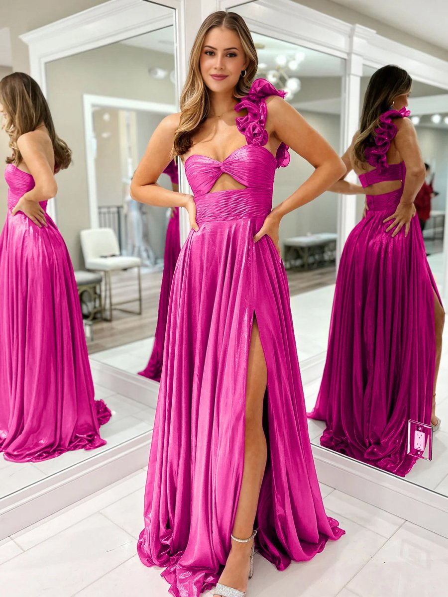 A-line One Shoulder Keyhole Pleated Metallic Prom Dresses with Slit