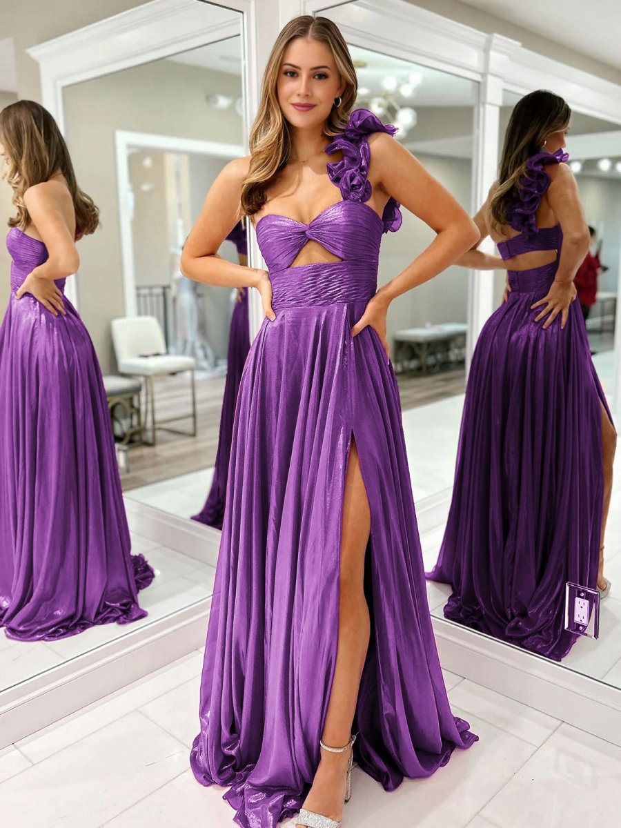 A-line One Shoulder Keyhole Pleated Metallic Prom Dresses with Slit