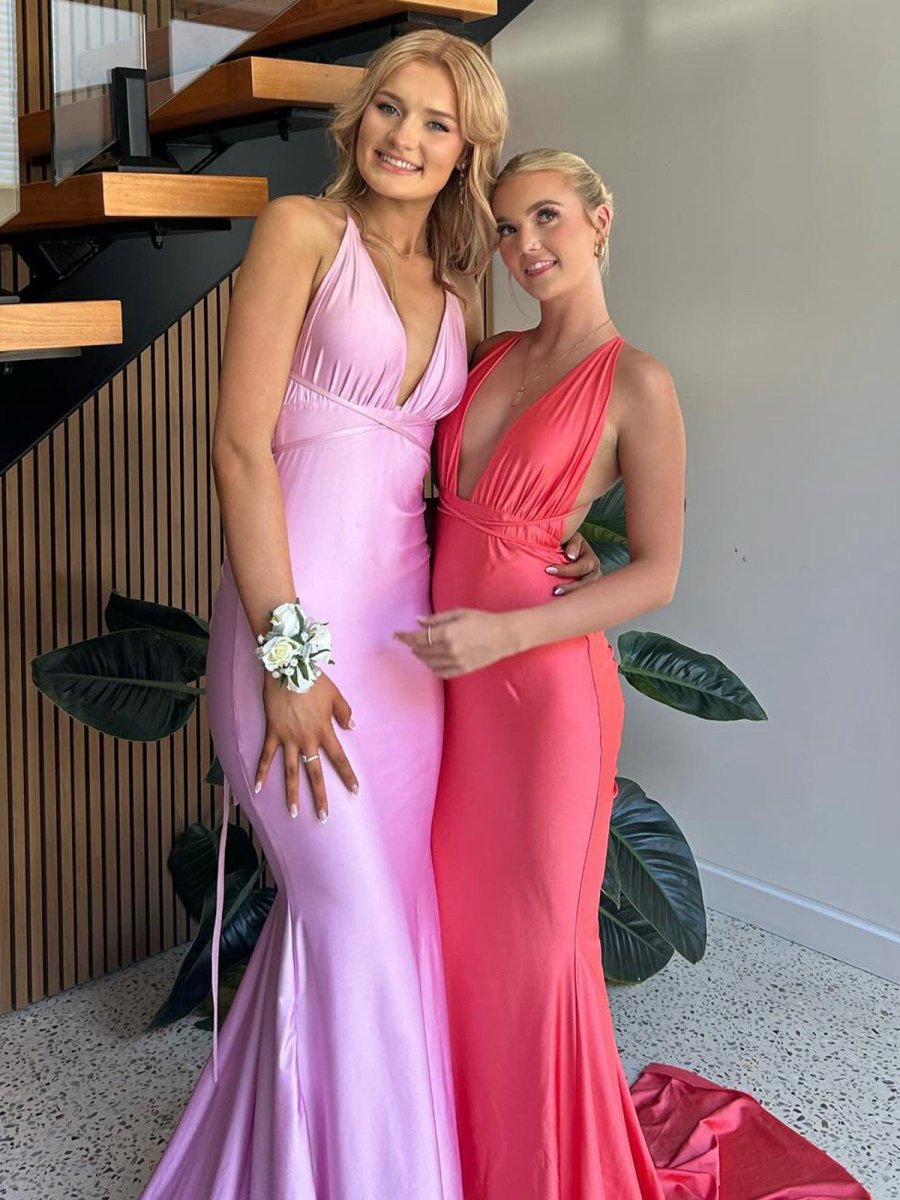 Plunge Neck Mermaid Satin Long Prom Dresses