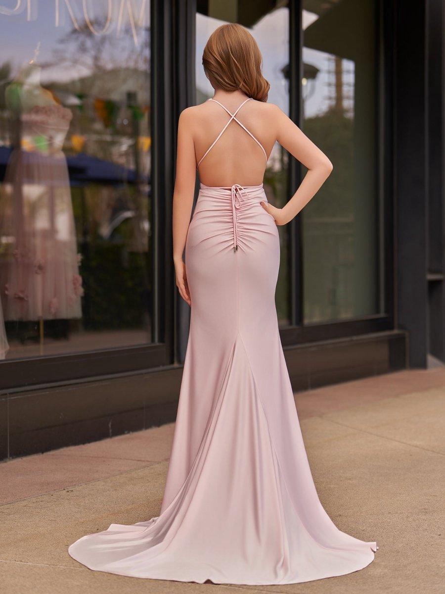 Plunge Neck Mermaid Satin Long Prom Dresses