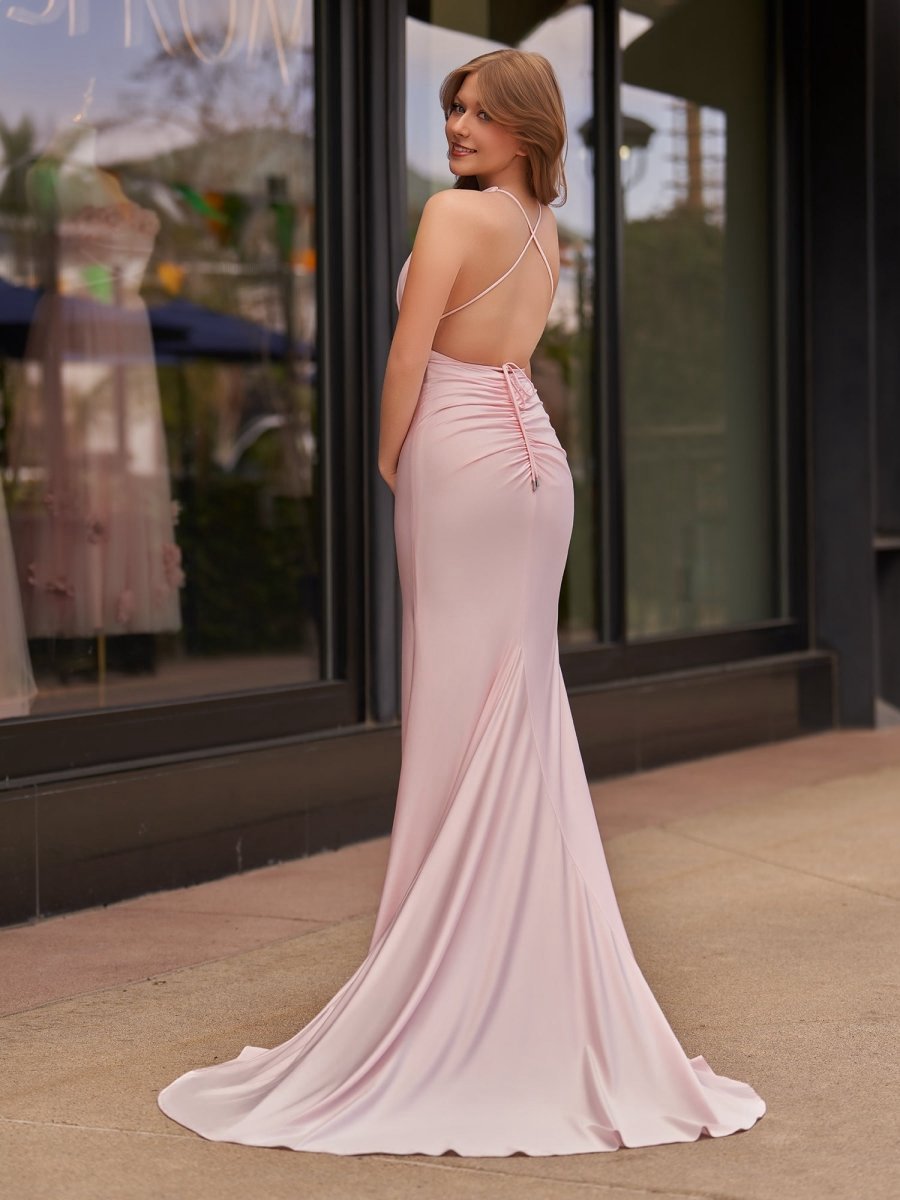 Plunge Neck Mermaid Satin Long Prom Dresses