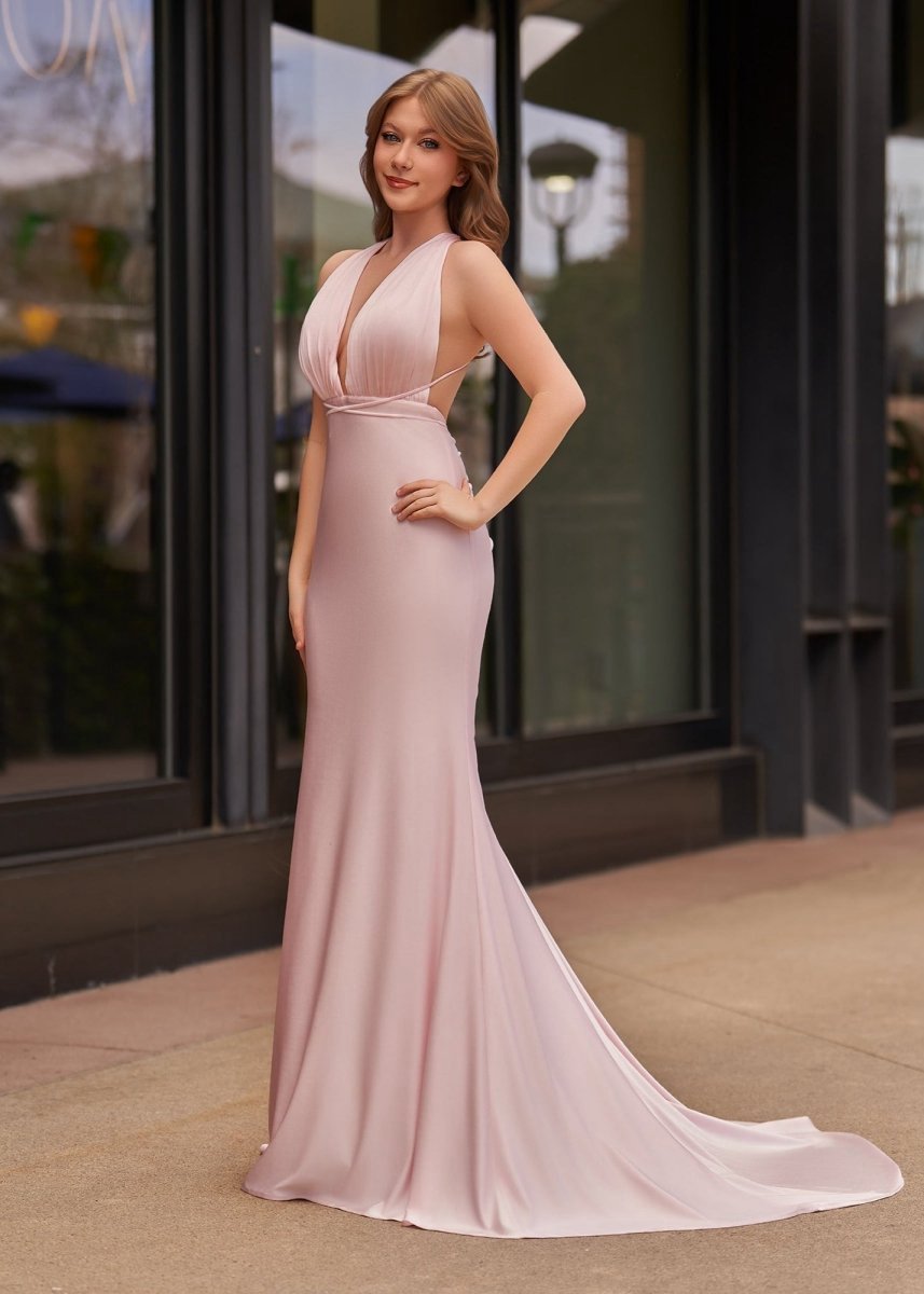 Plunge Neck Mermaid Satin Long Prom Dresses