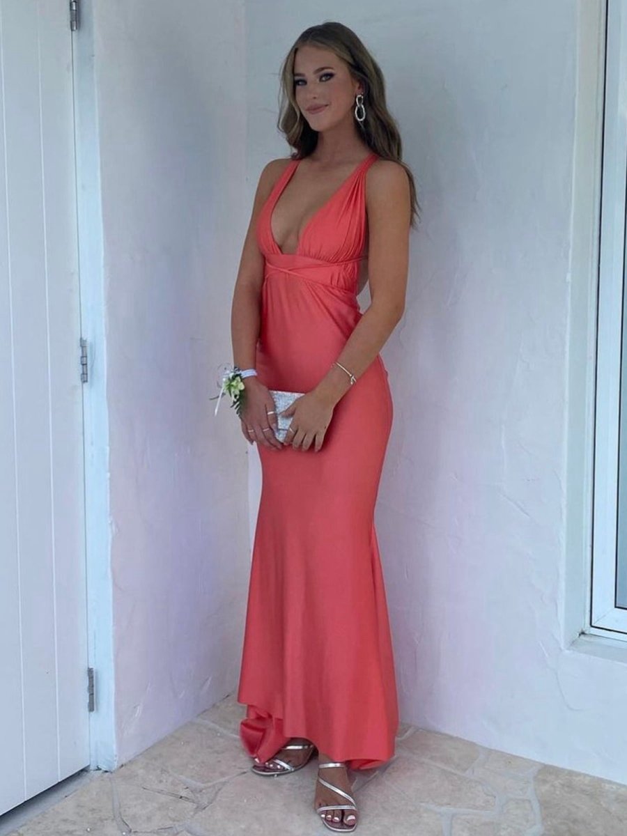 Plunge Neck Mermaid Satin Long Prom Dresses