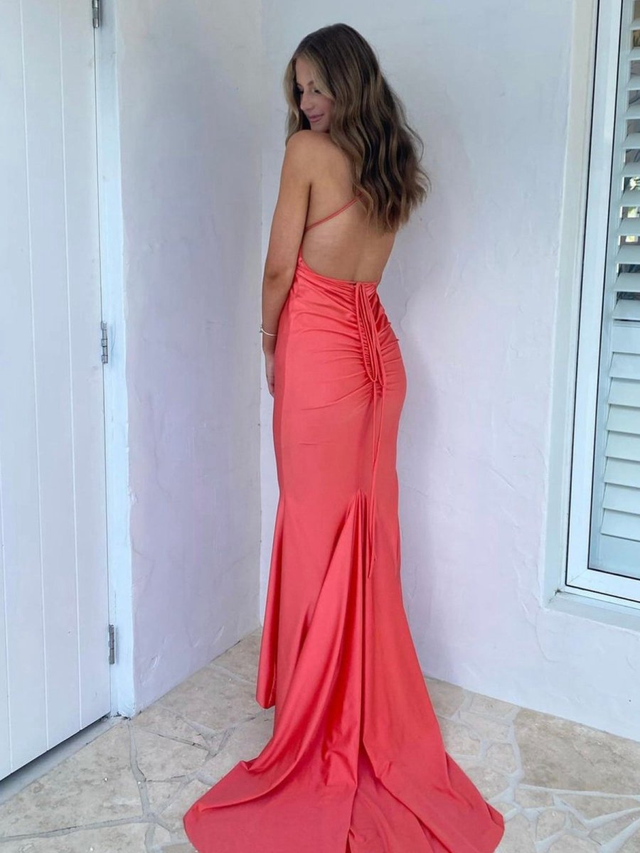 Plunge Neck Mermaid Satin Long Prom Dresses
