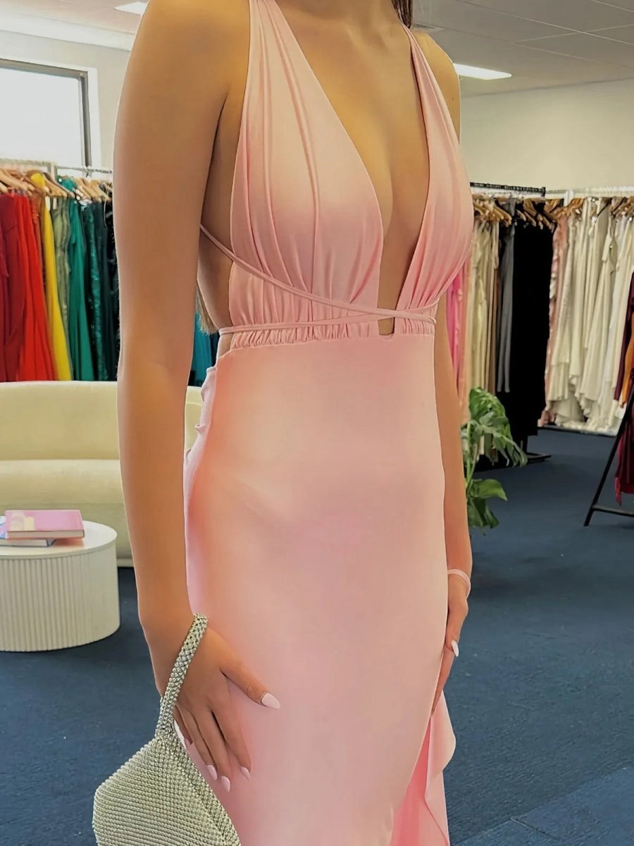 Plunge Neck Mermaid Satin Long Prom Dresses