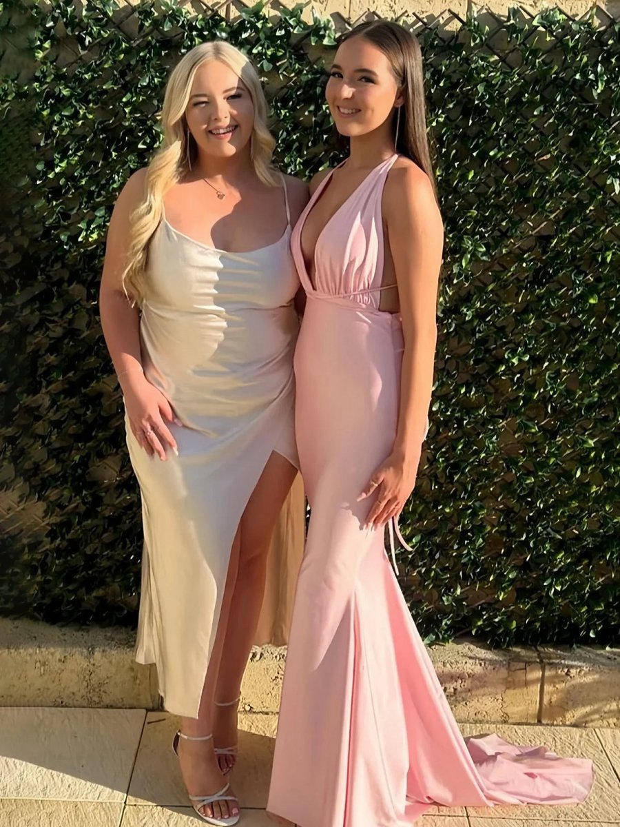 Plunge Neck Mermaid Satin Long Prom Dresses