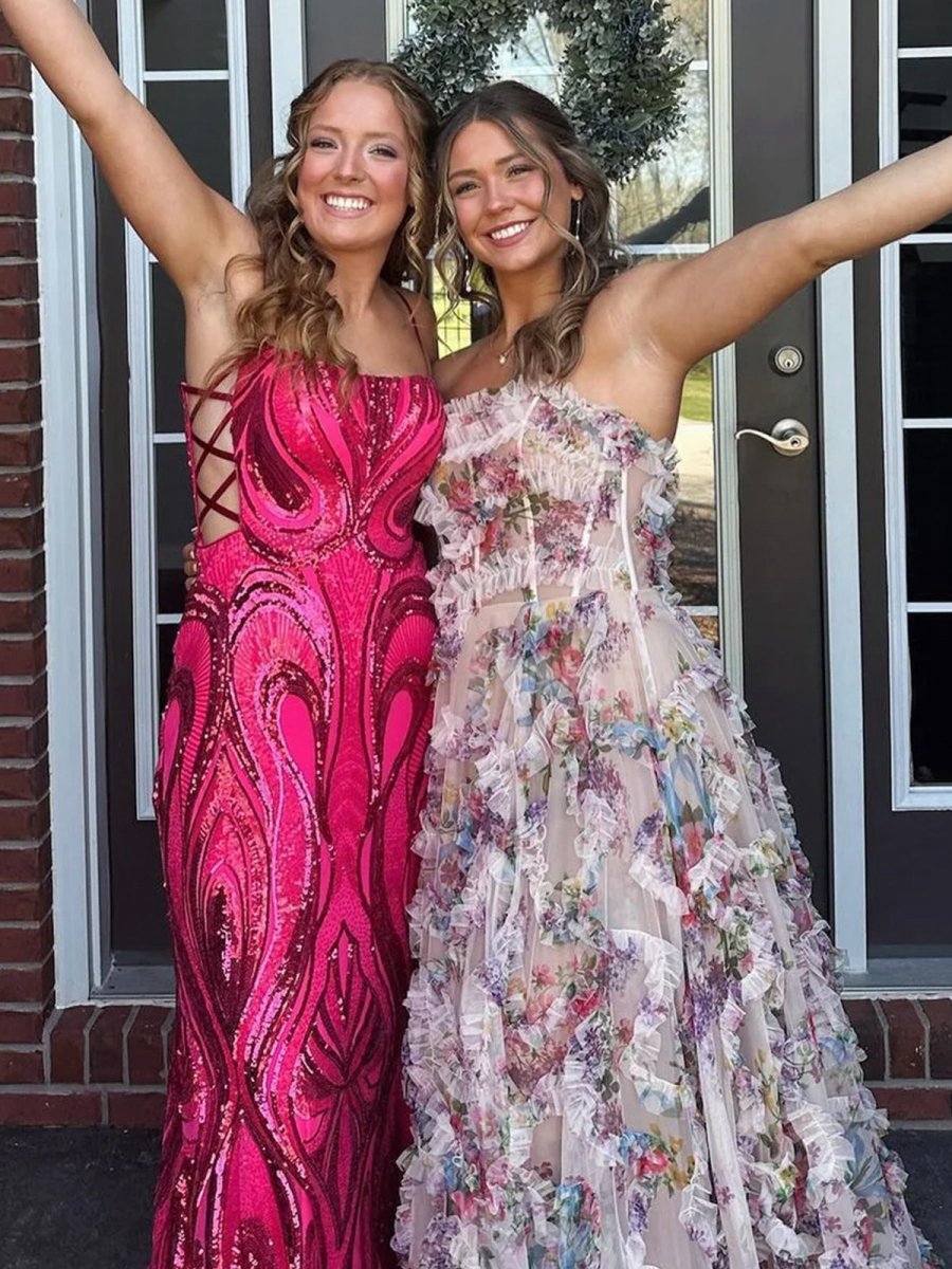 A-line Strapless Floral Print Ruffle Long Prom Dresses with Slit