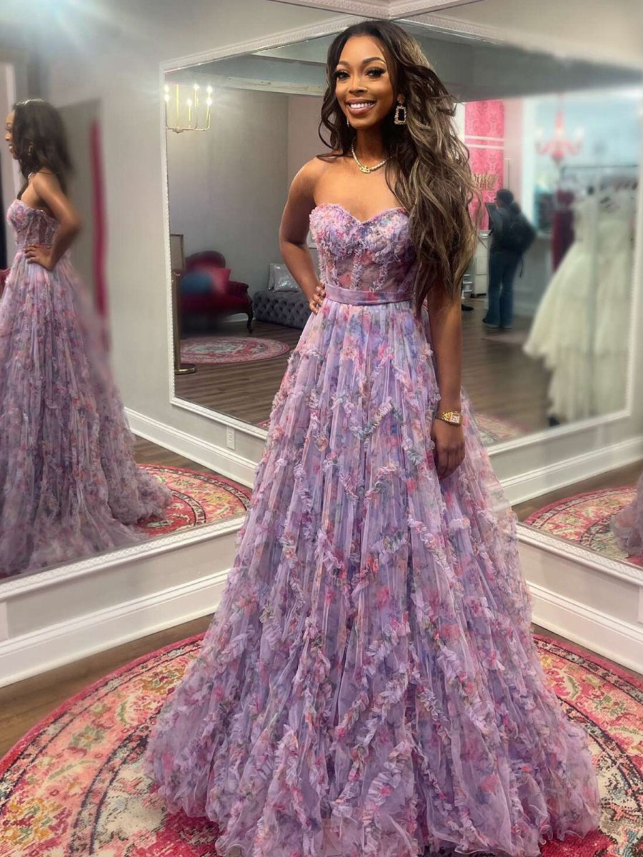 A-line Sweetheart Floral Print Ruffle Long Prom Dresses