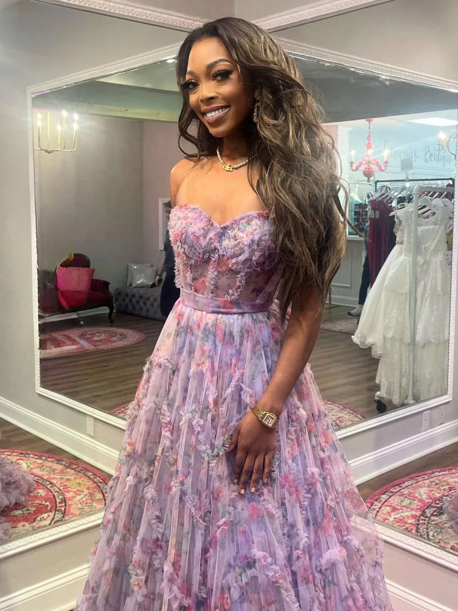 A-line Sweetheart Floral Print Ruffle Long Prom Dresses