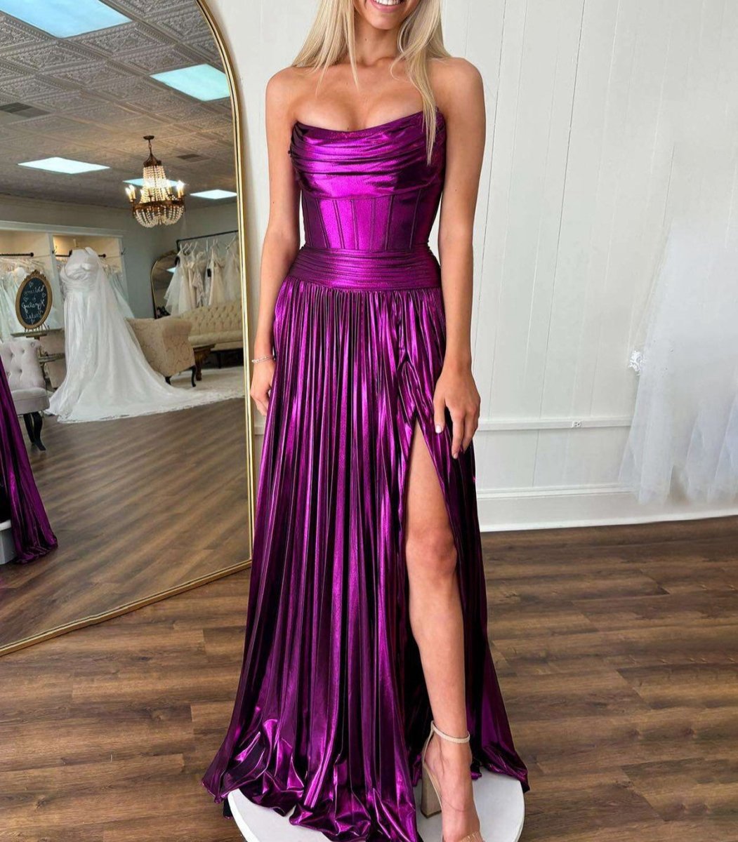 A-line Strapless Pleated Metallic Long Prom Dresses with Slit