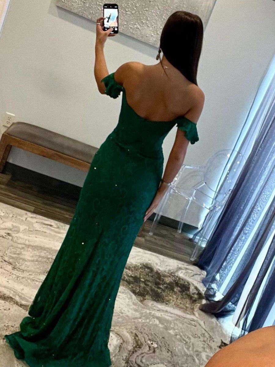 Mermaid Emerald Off the Shoulder Lace Long Prom Dresses