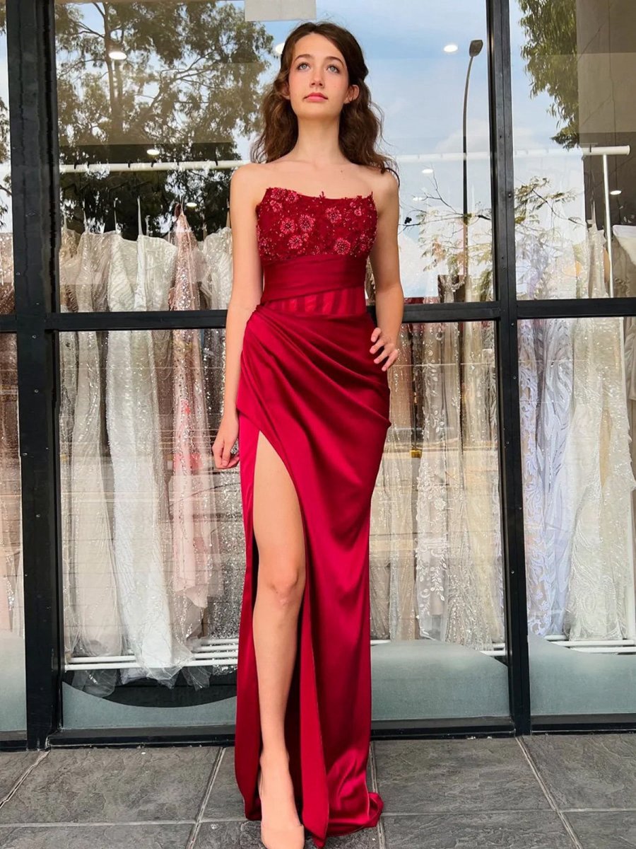 Strapless Satin Mermaid Prom Dresses with Appliques