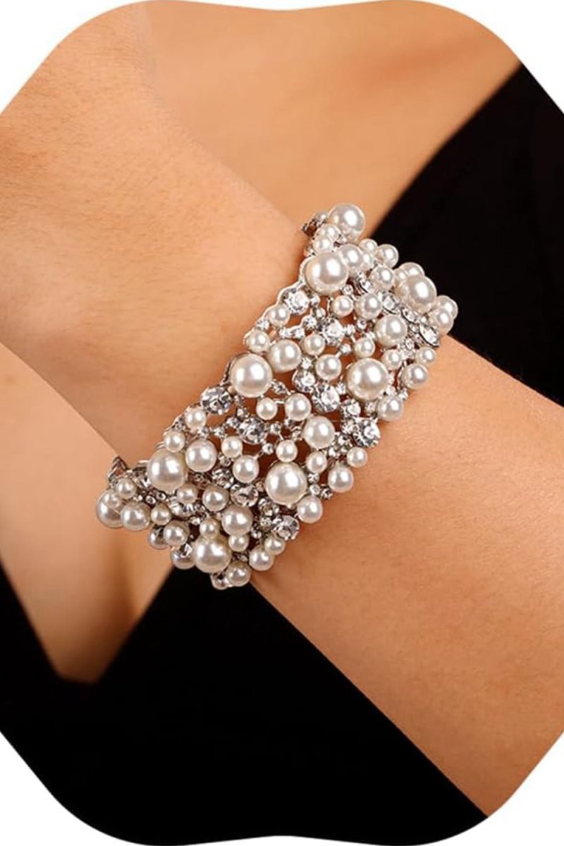 Silver Pearl Stretch Bracelets with Rhinestone