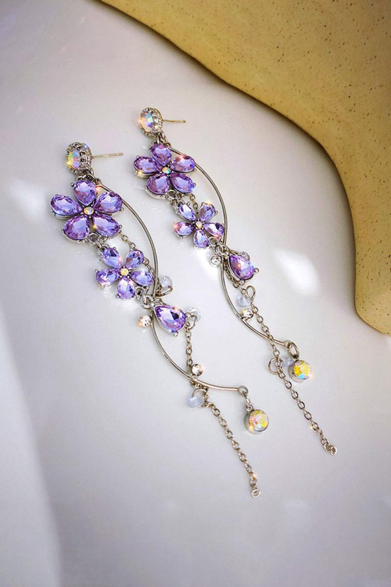 Silver Long Flower Earrings Purple Rhinestones