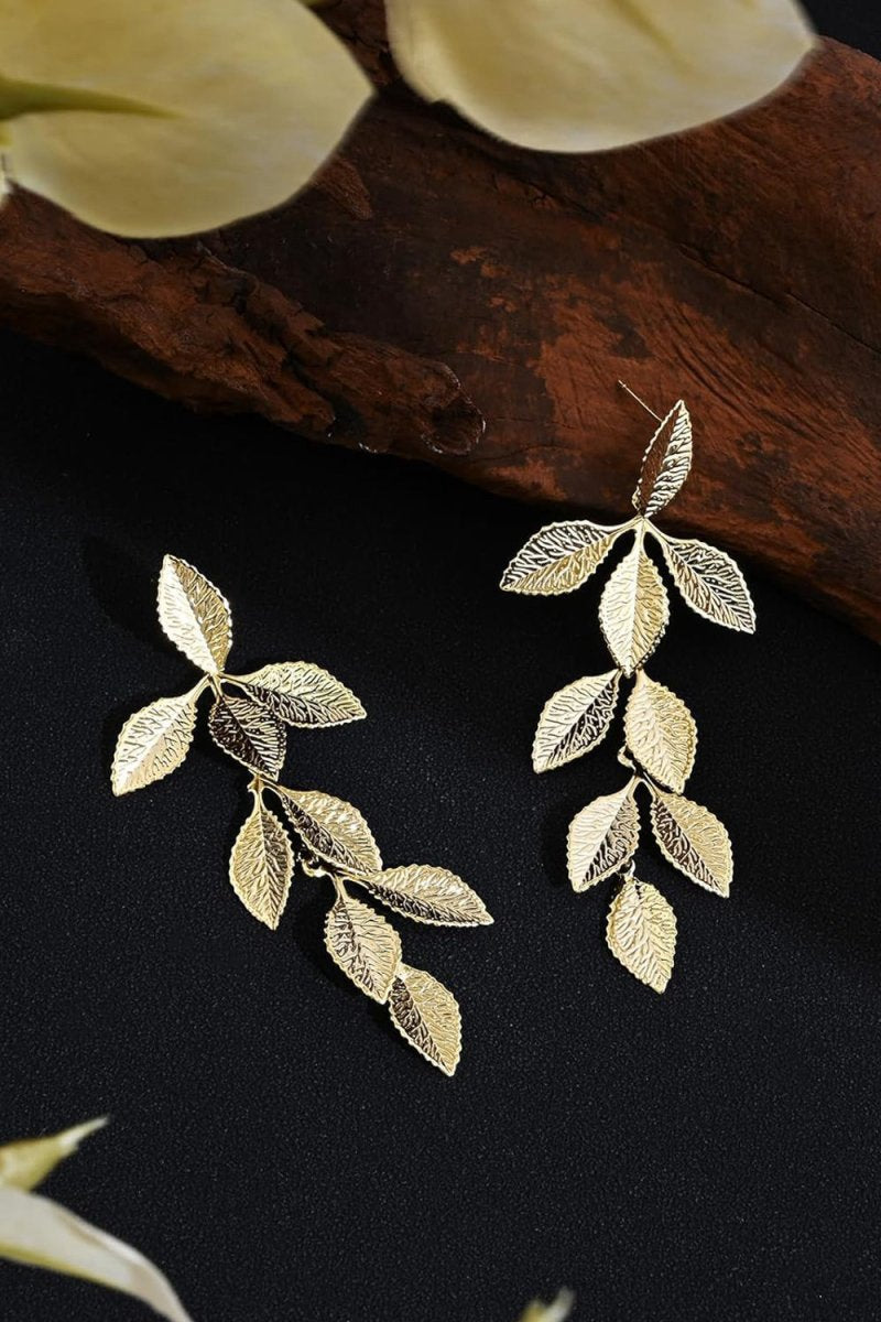 Gold Long Leaf Stud Earrings