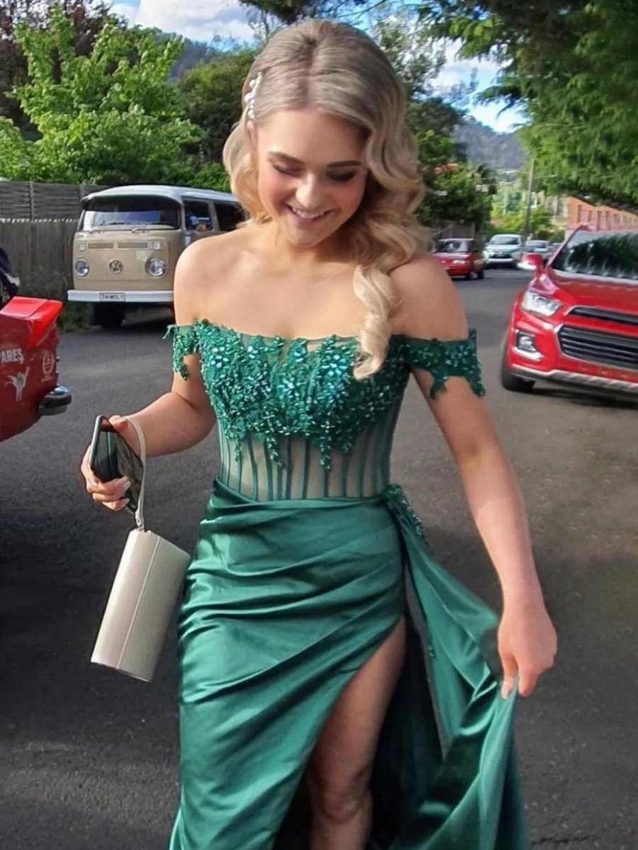 Off the Shoulder Satin Beaded Prom Dresses with Appliques