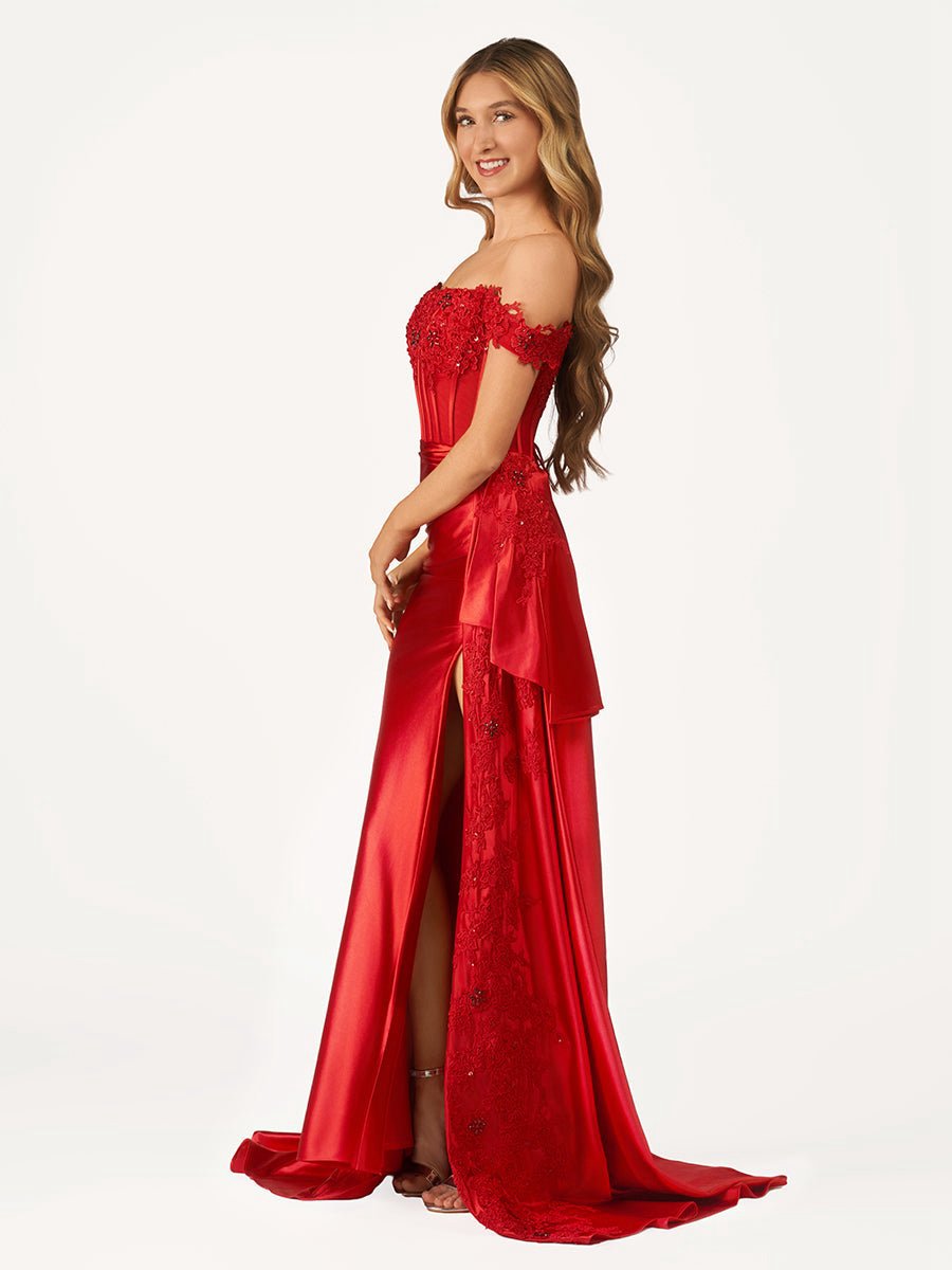Off the Shoulder Satin Beaded Prom Dresses with Appliques