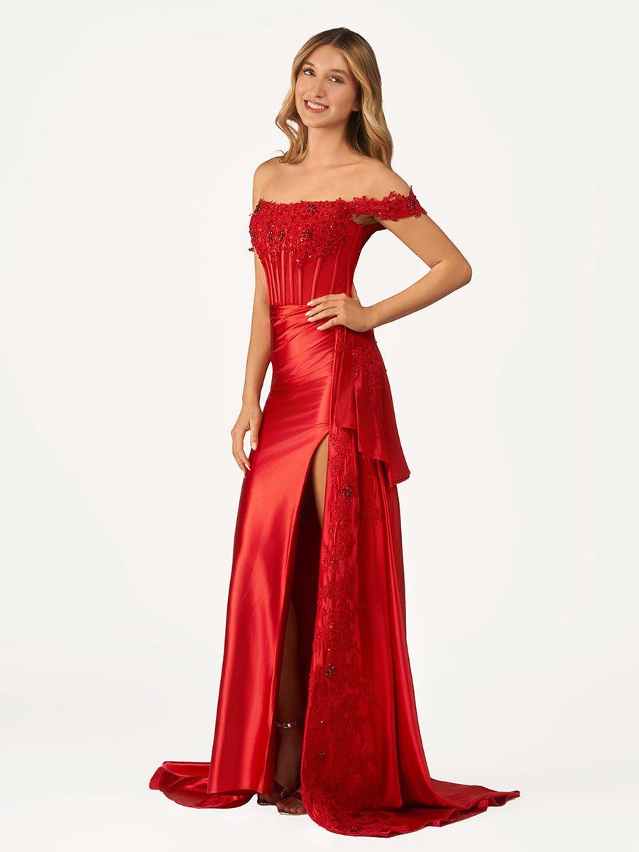 Off the Shoulder Satin Beaded Prom Dresses with Appliques