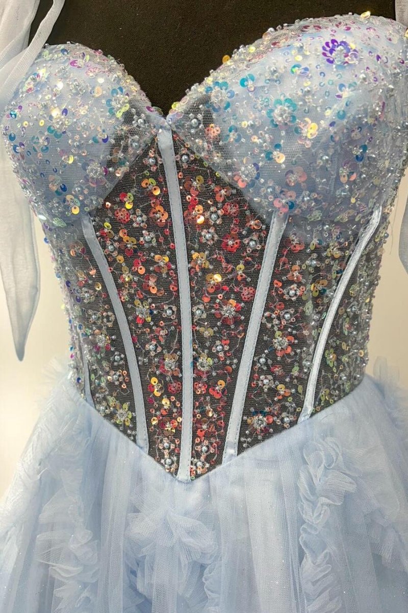 Spaghetti Straps Sequins Tulle A-line Prom Dresses
