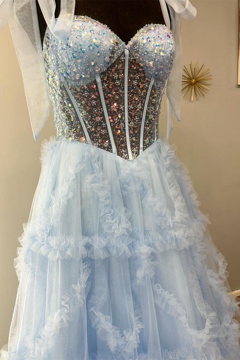 Spaghetti Straps Sequins Tulle A-line Prom Dresses