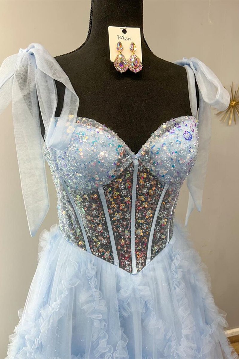 Spaghetti Straps Sequins Tulle A-line Prom Dresses