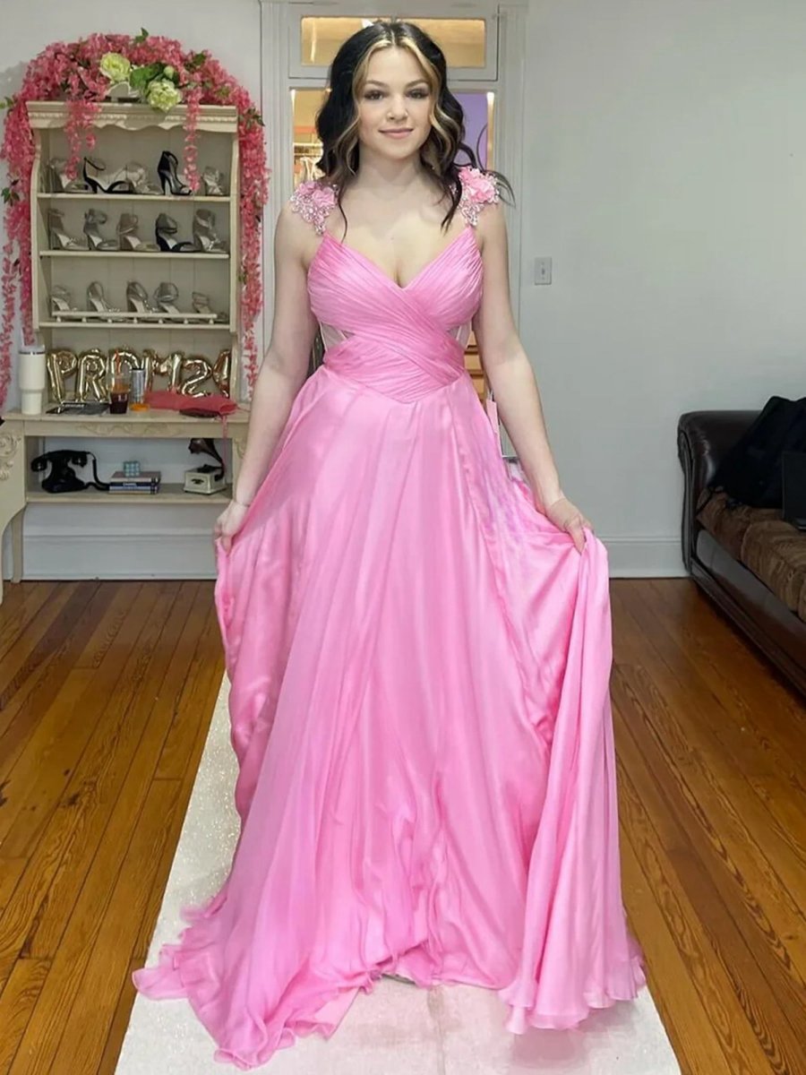 Pleated Chiffon A-line Long Prom Dresses