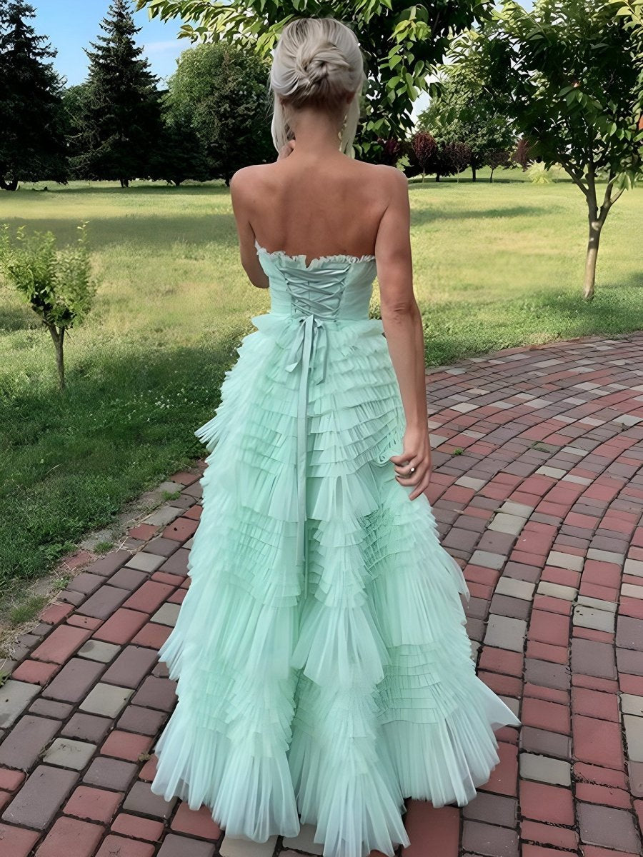 Mint Strapless Tulle Tie Ruffles High-low Prom Dresses