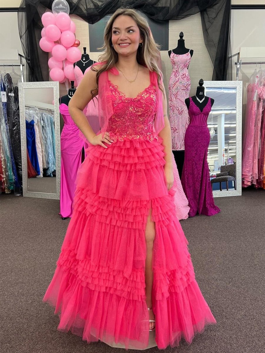 Sequines A-line Tulle Prom Dresses with Appliques