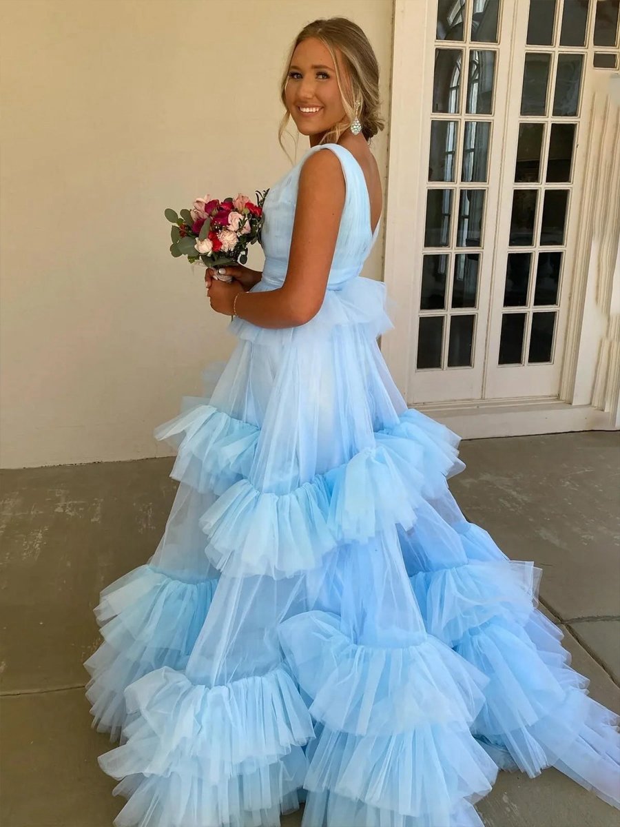 V Neck Ruffles A-line Tulle Prom Dresses