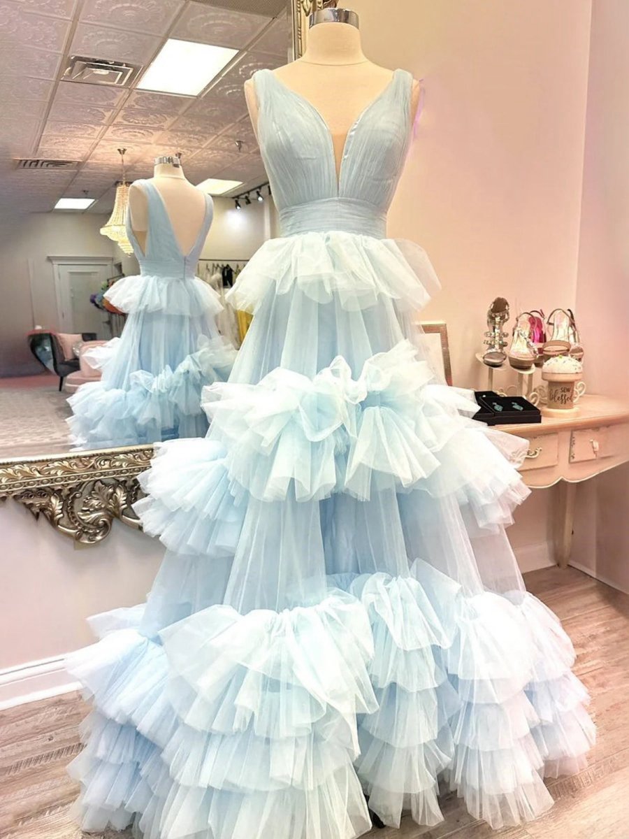 V Neck Ruffles A-line Tulle Prom Dresses