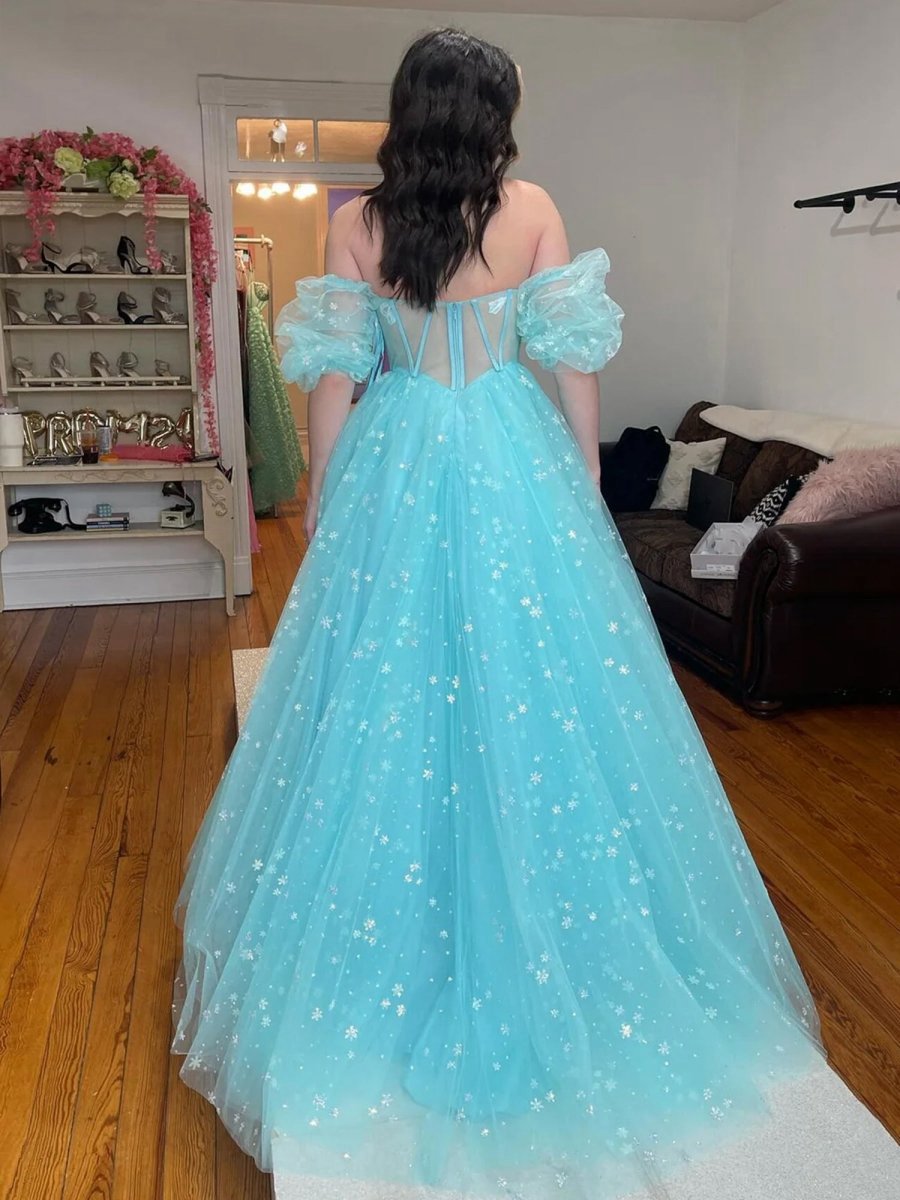 Strapless A-line Tulle Starry Long Prom Dresses