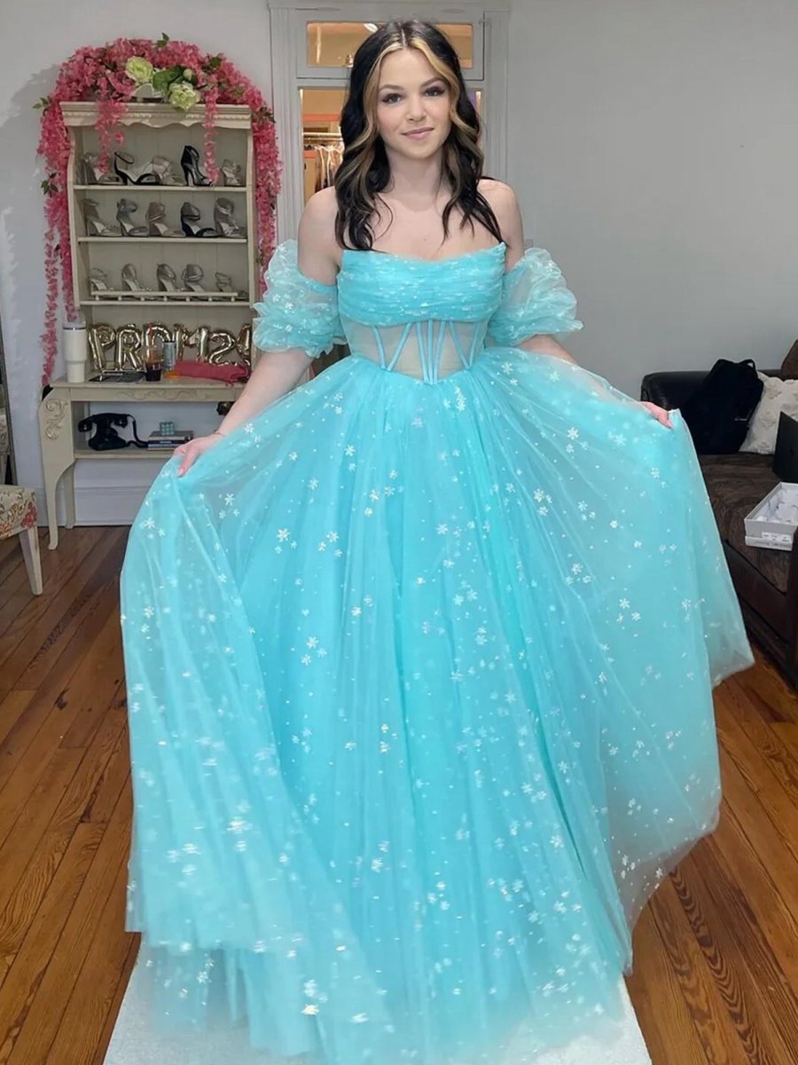 Strapless A-line Tulle Starry Long Prom Dresses