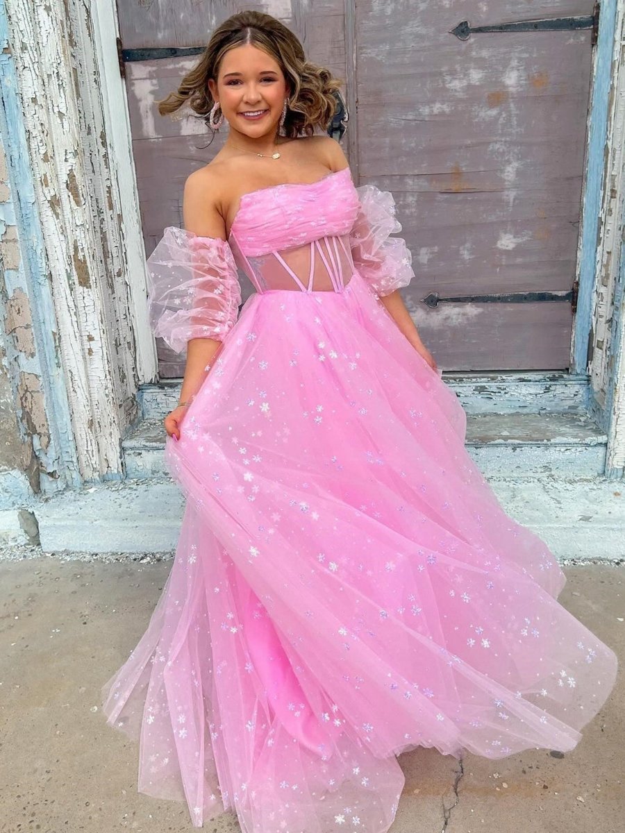 Strapless A-line Tulle Starry Long Prom Dresses