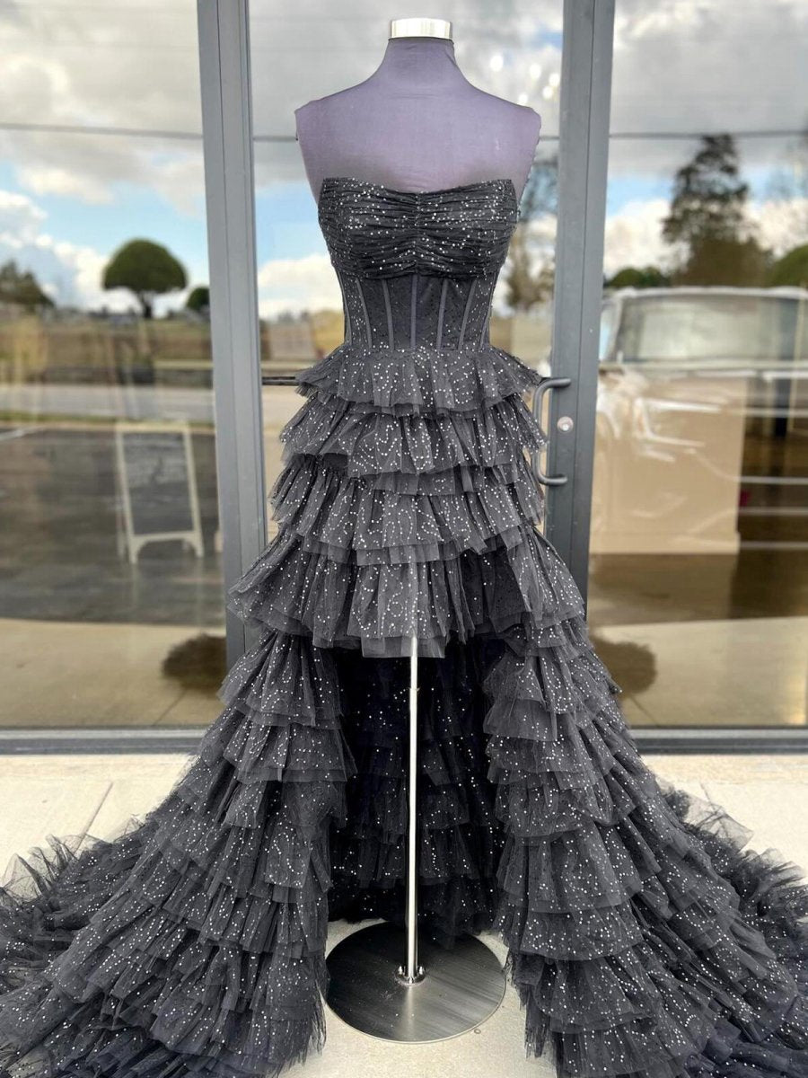 Strapless High Low Ruffles Tulle Prom Dresses