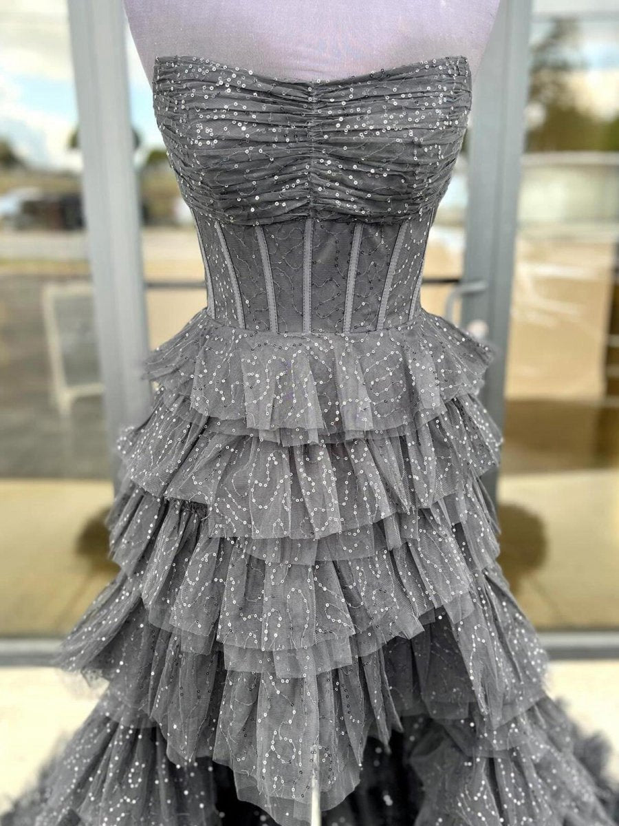 Strapless High Low Ruffles Tulle Prom Dresses