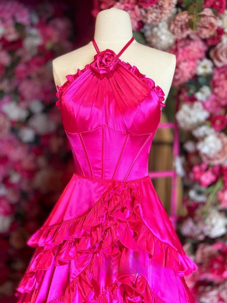 Halter Neck Tie Ruffles Long Prom Dresses