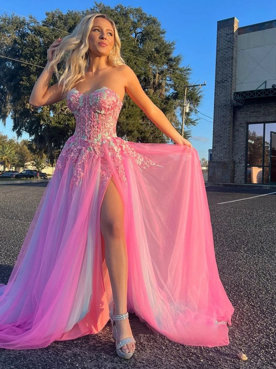 A-line Sweetheart Applique Lace Long Prom Dresses with Slit