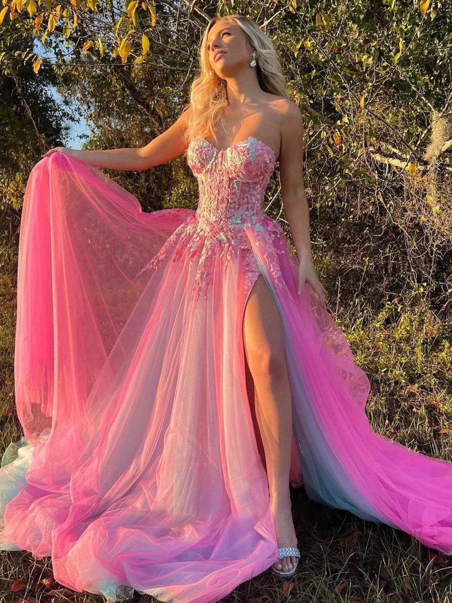 A-line Sweetheart Applique Lace Long Prom Dresses with Slit