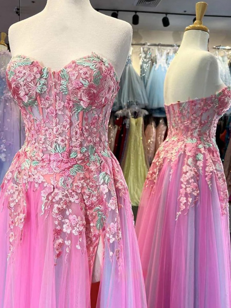 A-line Sweetheart Applique Lace Long Prom Dresses with Slit
