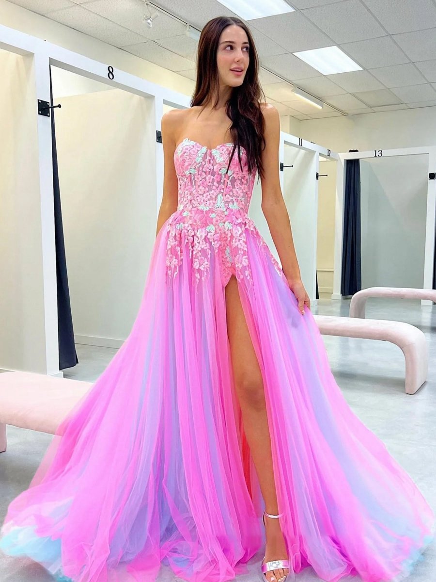 A-line Sweetheart Applique Lace Long Prom Dresses with Slit