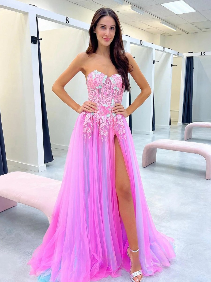 A-line Sweetheart Applique Lace Long Prom Dresses with Slit