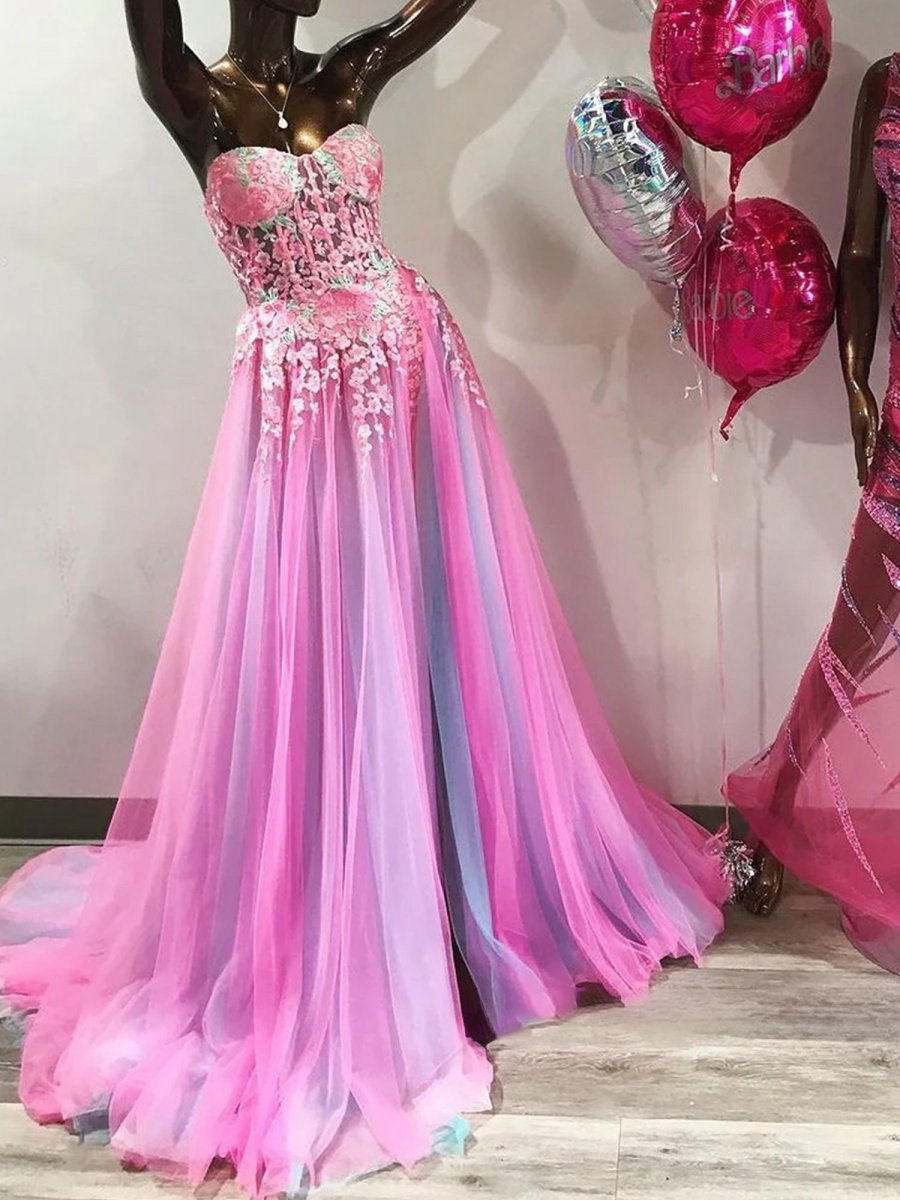 A-line Sweetheart Applique Lace Long Prom Dresses with Slit