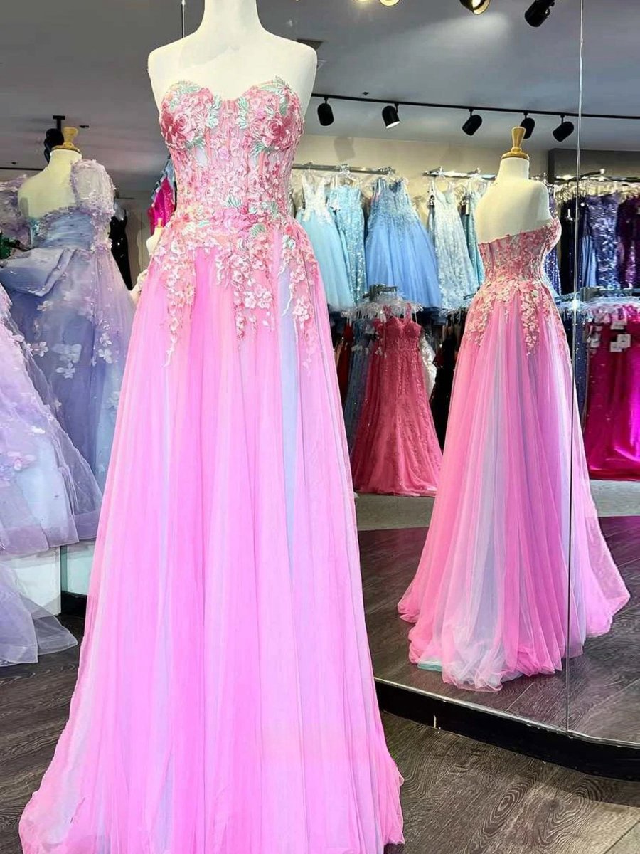 A-line Sweetheart Applique Lace Long Prom Dresses with Slit