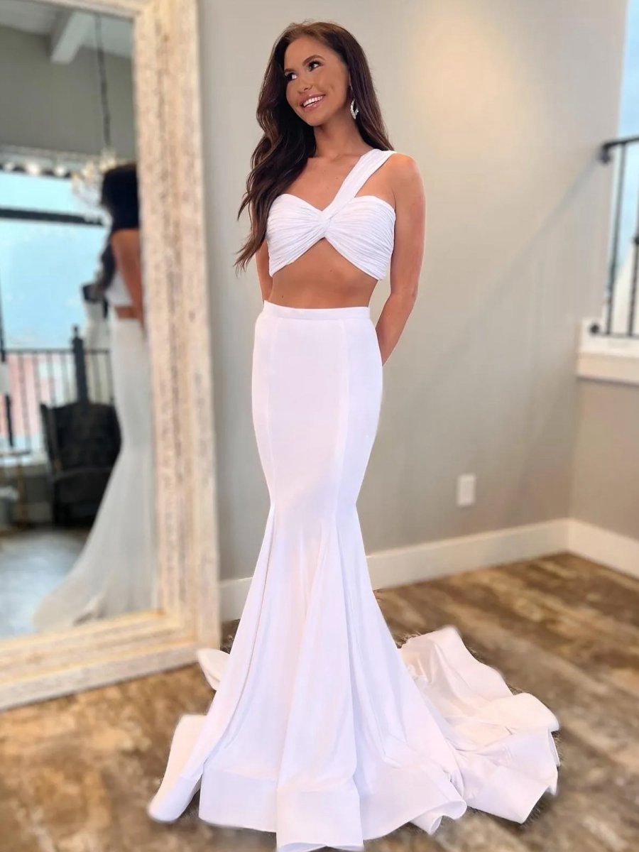 Two Piece One Shoulder Satin Mermaid Prom Dresses