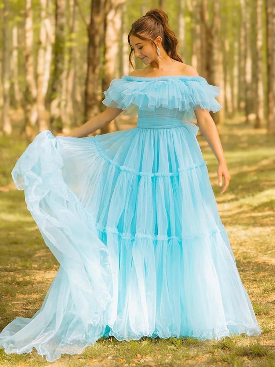 Ruffles Off the Shoulder Corset A-line Long Formal Dresses