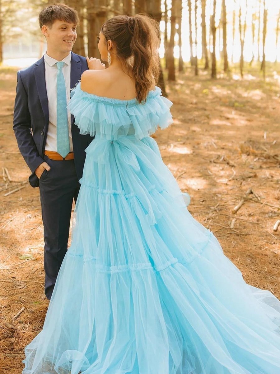 Ruffles Off the Shoulder Corset A-line Long Formal Dresses