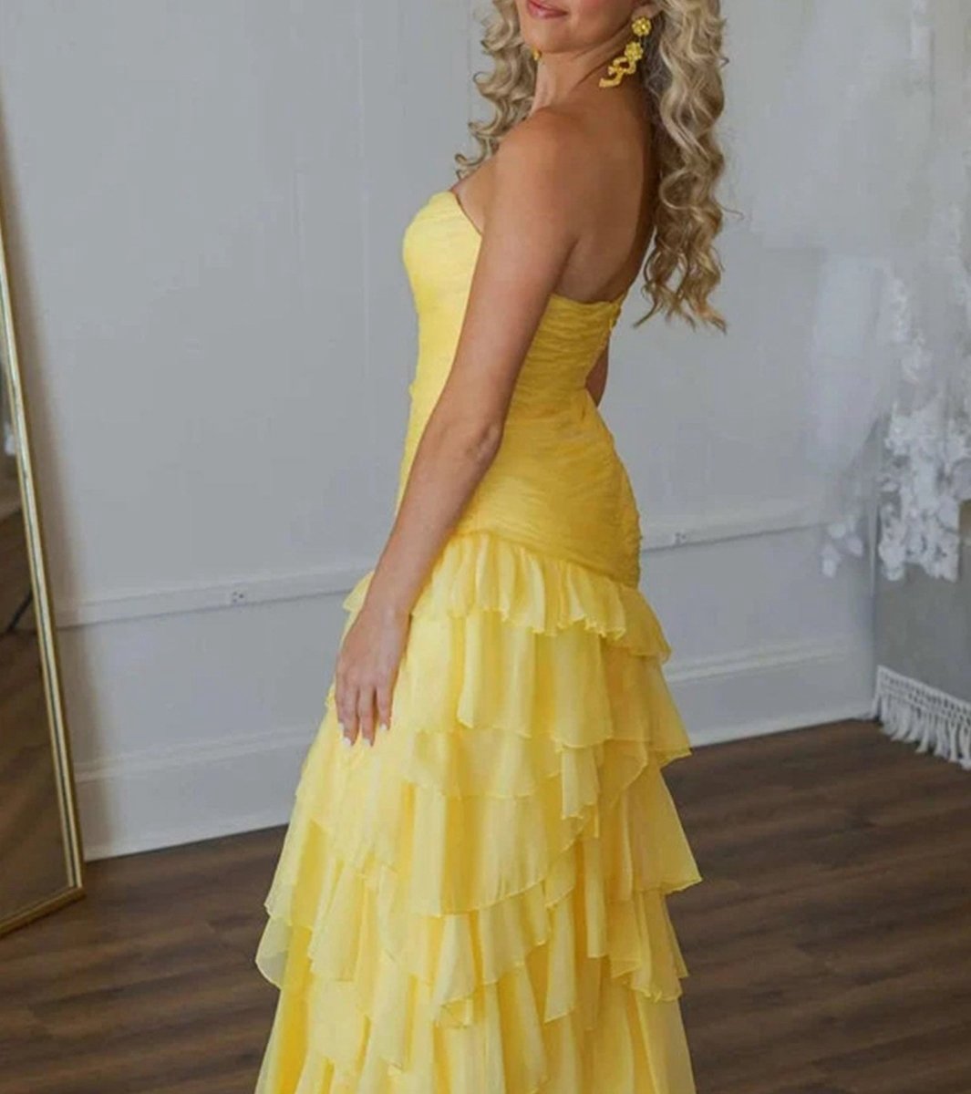 Ruched Ruffle Fitted Long Prom Dresses with Slit
