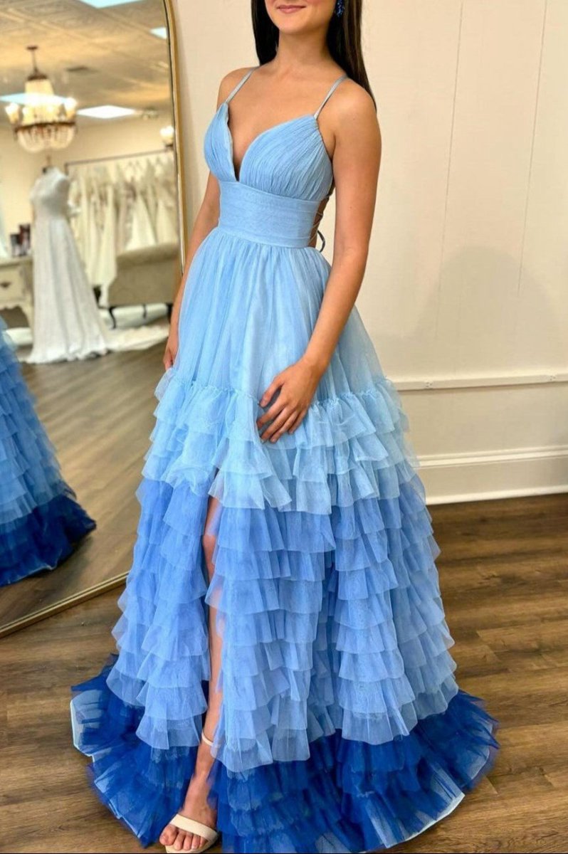 A-line V Neck Tulle Prom Dresses with Slit
